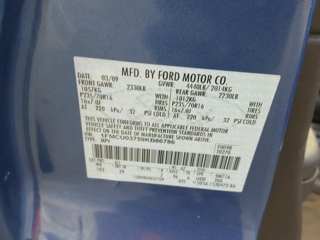 1FMCU03759KB86786 - 2009 FORD ESCAPE XLT BLUE photo 10