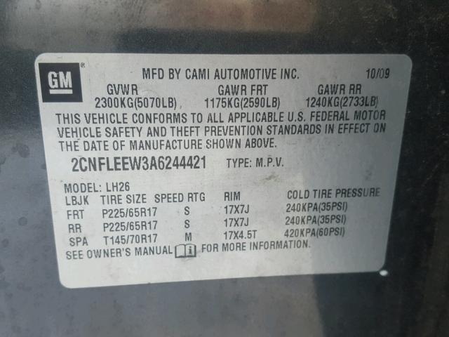 2CNFLEEW3A6244421 - 2010 CHEVROLET EQUINOX LT GRAY photo 10