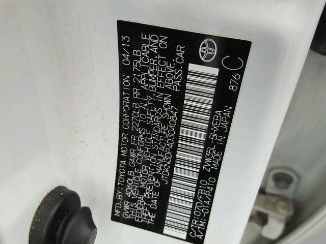 JTDKN3DP4D3040847 - 2013 TOYOTA PRIUS PLUG WHITE photo 10