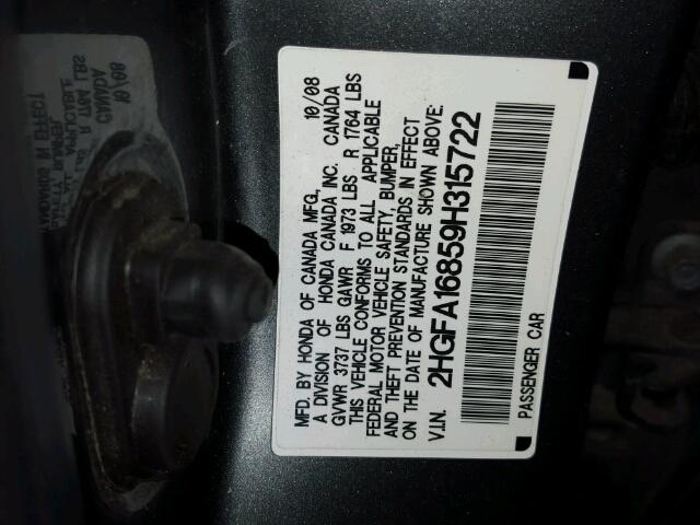 2HGFA16859H315722 - 2009 HONDA CIVIC EX Boz foto 10