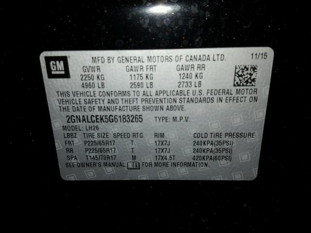 2GNALCEK5G6183265 - 2016 CHEVROLET EQUINOX LT BLACK photo 10