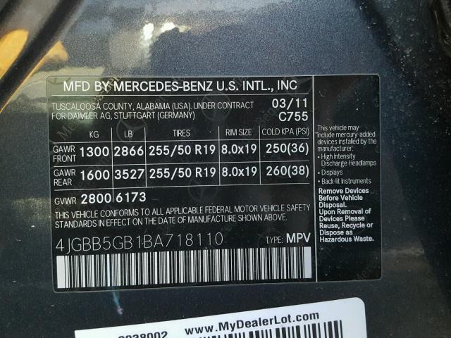 4JGBB5GB1BA718110 - 2011 MERCEDES-BENZ ML 350 GRAY photo 10