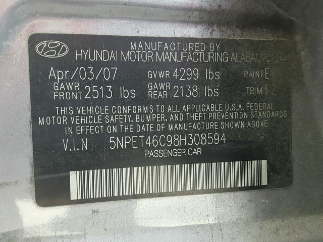 5NPET46C98H308594 - 2008 HYUNDAI SONATA GLS SILVER photo 10