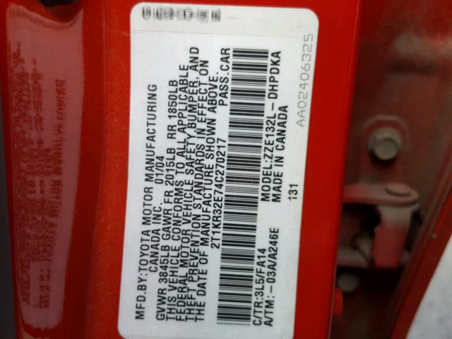 2T1KR32E74C270217 - 2004 TOYOTA MATRIX 红色 照片 10