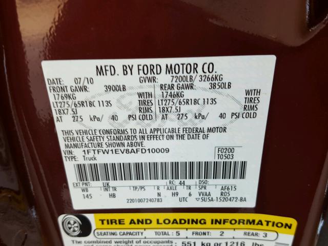 1FTFW1EV8AFD10009 - 2010 FORD F150 SUPER RED photo 10