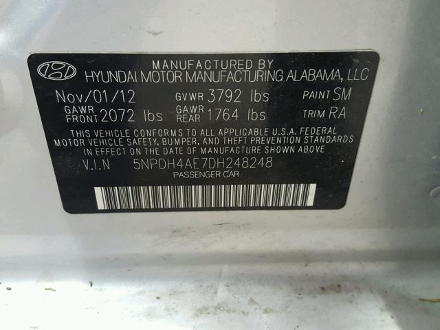 5NPDH4AE7DH248248 - 2013 HYUNDAI ELANTRA GL SILVER photo 10