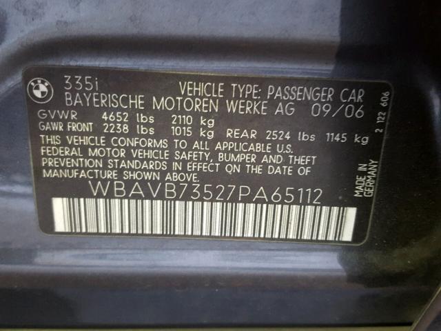 WBAVB73527PA65112 - 2007 BMW 335 I BLUE photo 10