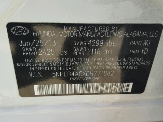 5NPEB4ACXDH771882 - 2013 HYUNDAI SONATA GLS WHITE photo 10