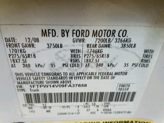 1FTPW14V09FA37858 - 2009 FORD F150 SUPER WHITE photo 10