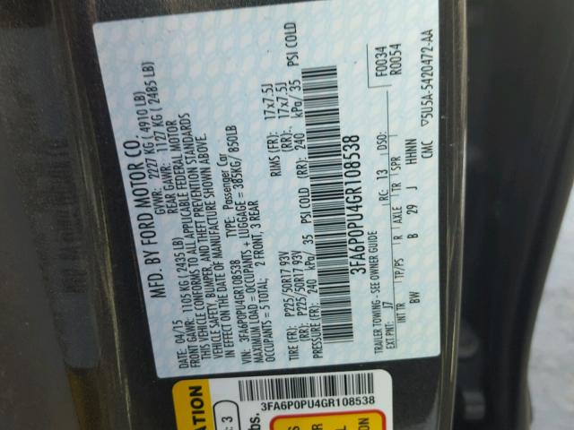 3FA6P0PU4GR108538 - 2016 FORD FUSION SE CHARCOAL photo 10