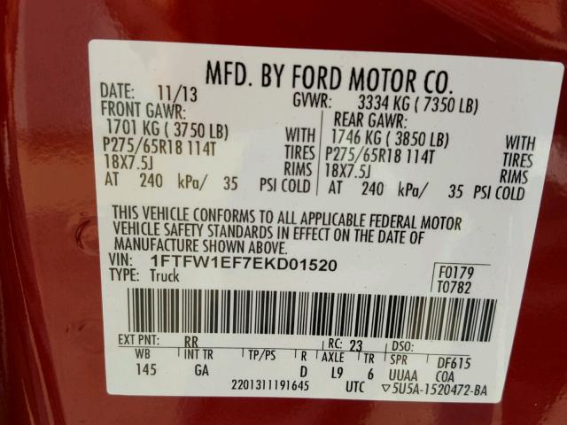 1FTFW1EF7EKD01520 - 2014 FORD F150 SUPER RED photo 10