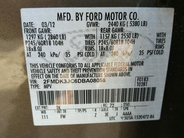 2FMDK3JC6DBA08058 - 2013 FORD EDGE SEL CHARCOAL photo 10