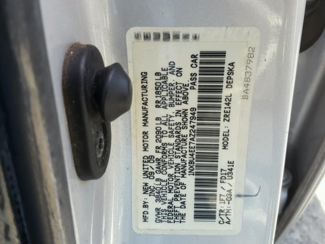 1NXBU4EE7AZ247949 - 2010 TOYOTA COROLLA BA SILVER photo 10