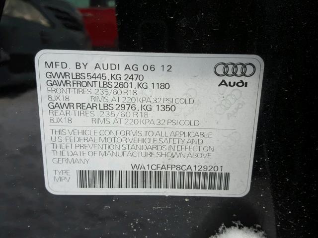 WA1CFAFP8CA129201 - 2012 AUDI Q5 PREMIUM BLACK photo 10