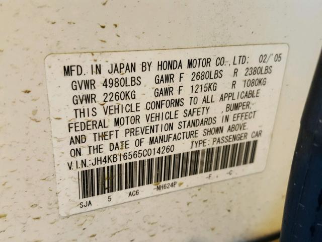 JH4KB16565C014260 - 2005 ACURA RL WHITE photo 10