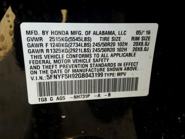 5FNYF5H92GB043199 - 2016 HONDA PILOT TOUR BLACK photo 10