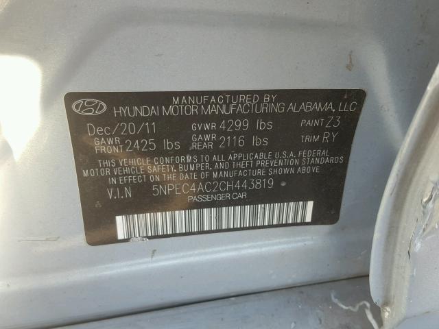 5NPEC4AC2CH443819 - 2012 HYUNDAI SONATA SE BLUE photo 10