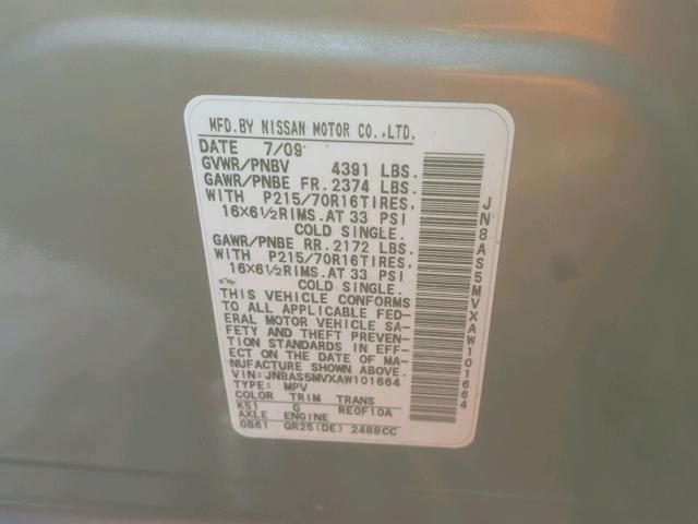 JN8AS5MVXAW101664 - 2010 NISSAN ROGUE S GRAY photo 10