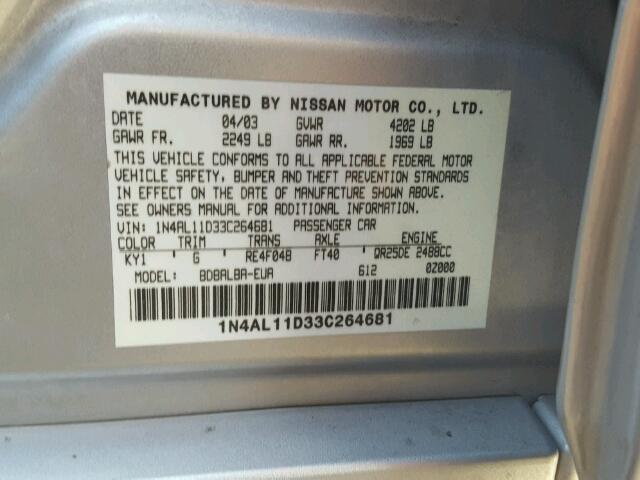 1N4AL11D33C264681 - 2003 NISSAN ALTIMA BAS SILVER photo 10