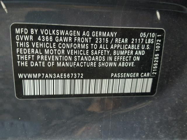 WVWMP7AN3AE567372 - 2010 VOLKSWAGEN CC SPORT GRAY photo 10