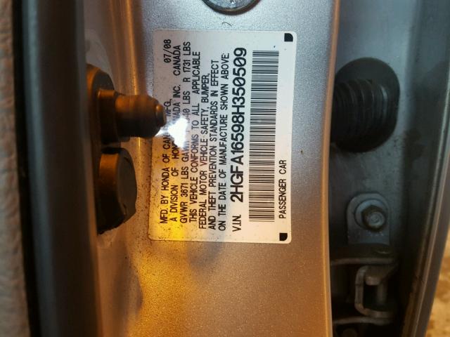 2HGFA16598H350509 - 2008 HONDA CIVIC LX SILVER photo 10