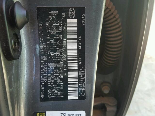 4T1BK36B56U070894 - 2006 TOYOTA AVALON XL GRAY photo 10