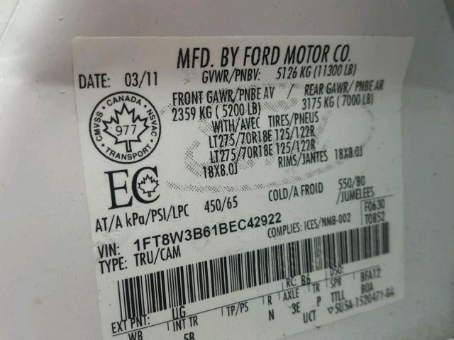 1FT8W3B61BEC42922 - 2011 FORD F350 SUPER WHITE photo 10