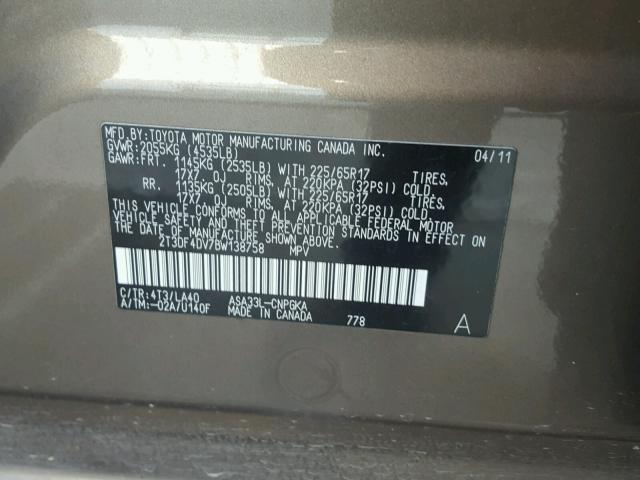 2T3DF4DV7BW138758 - 2011 TOYOTA RAV4 LIMIT GOLD photo 10