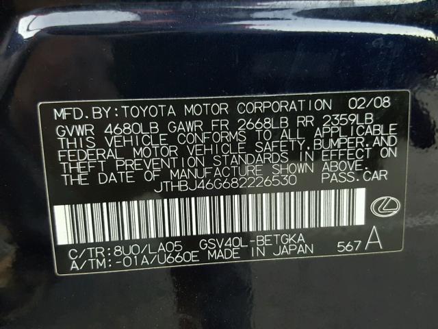 JTHBJ46G682226530 - 2008 LEXUS ES 350 BLUE photo 10