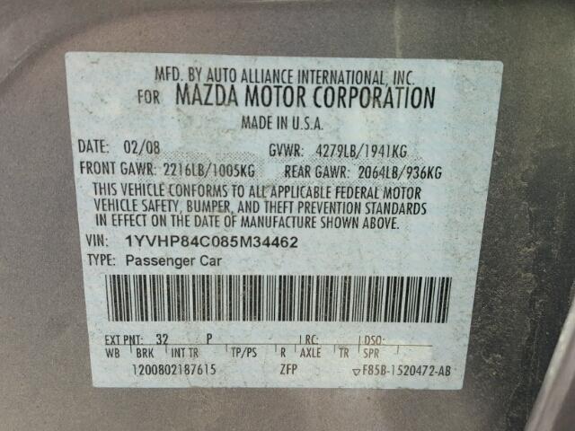 1YVHP84C085M34462 - 2008 MAZDA 6 I GRAY photo 10