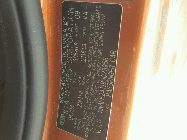 KNAFE241195023956 - 2009 KIA SPECTRA SX ORANGE photo 10