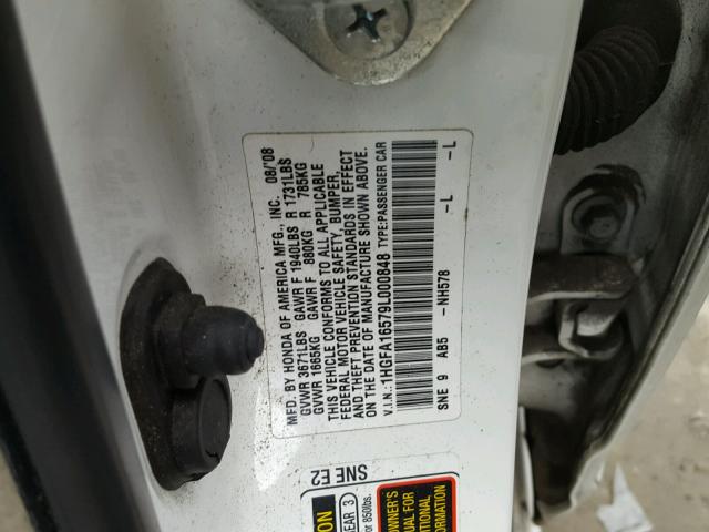 1HGFA16579L000848 - 2009 HONDA CIVIC LX WHITE photo 10