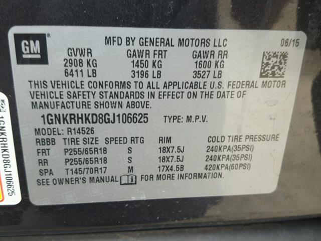 1GNKRHKD8GJ106625 - 2016 CHEVROLET TRAVERSE L GRAY photo 10