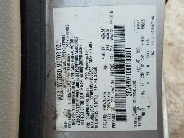 3FAHP07108R188811 - 2008 FORD FUSION SE SILVER photo 10