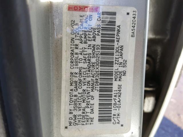 JTDBR32EX30025193 - 2003 TOYOTA COROLLA CE SILVER photo 10