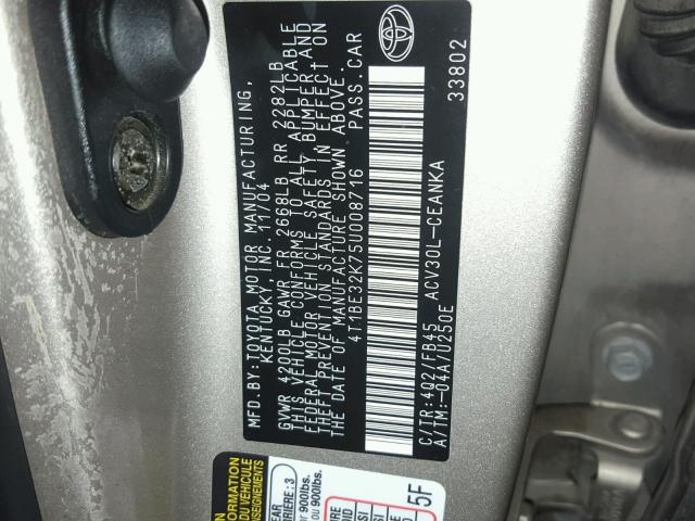 4T1BE32K75U008716 - 2005 TOYOTA CAMRY LE GOLD photo 10
