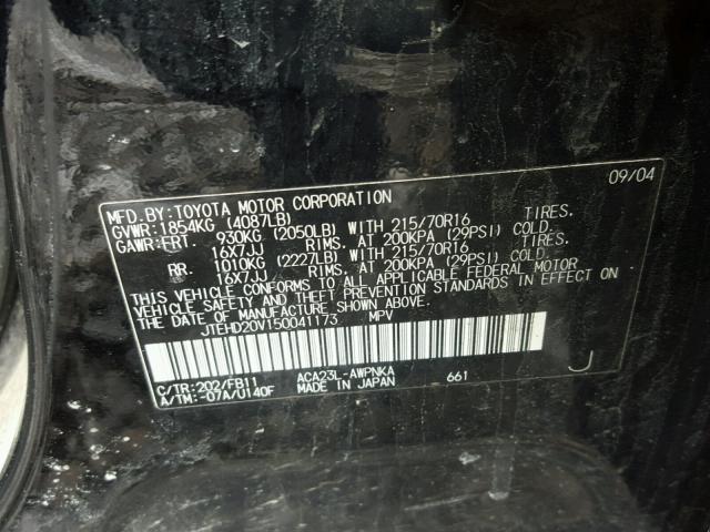 JTEHD20V150041173 - 2005 TOYOTA RAV4 BLACK photo 10