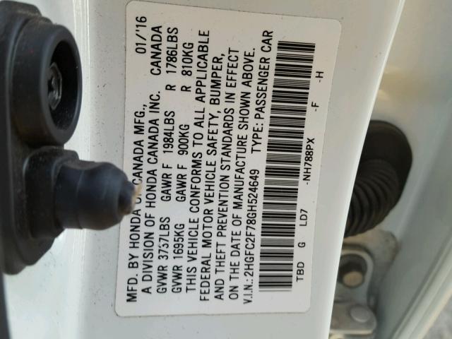 2HGFC2F78GH524649 - 2016 HONDA CIVIC EX თეთრი ფოტო 10