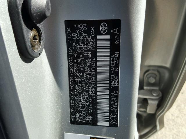 JTDKB20U653018316 - 2005 TOYOTA PRIUS SILVER photo 10