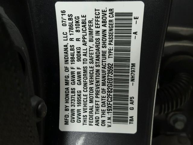 19XFC2F82GE073592 - 2016 HONDA CIVIC EX ნაცრისფერი ფოტო 10