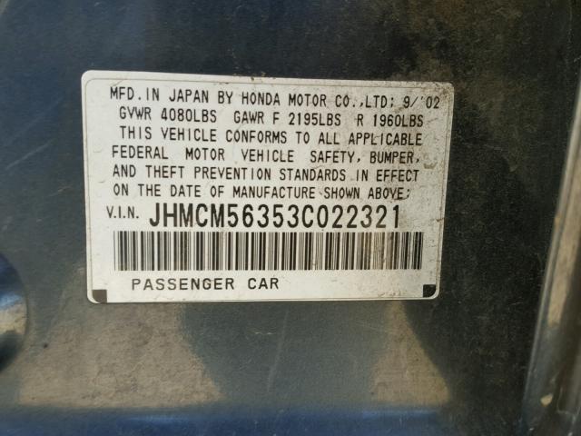 JHMCM56353C022321 - 2003 HONDA ACCORD LX GRAY photo 10