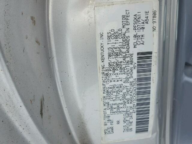 4T3ZF13CX2U437634 - 2002 TOYOTA SIENNA LE SILVER photo 10