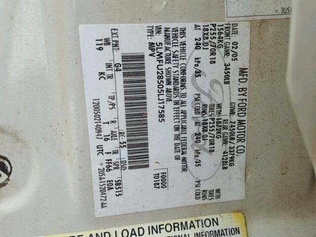 5LMFU28505LJ17585 - 2005 LINCOLN NAVIGATOR კრემისფერი ფოტო 10