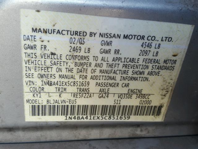 1N4BA41EX5C851659 - 2005 NISSAN MAXIMA SE SILVER photo 10