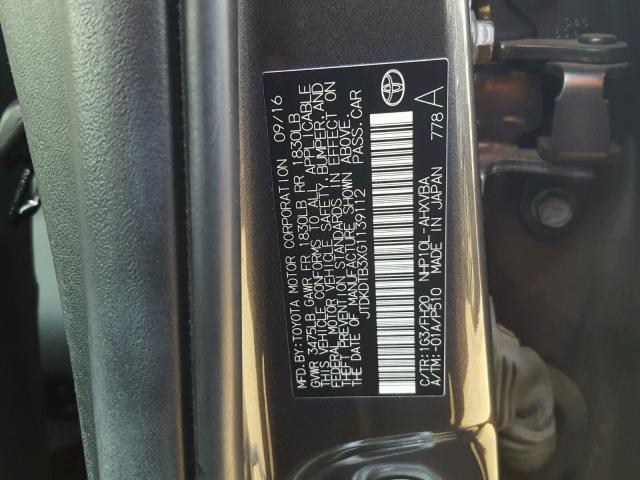 JTDKDTB3XG1139112 - 2016 TOYOTA PRIUS C GRAY photo 10