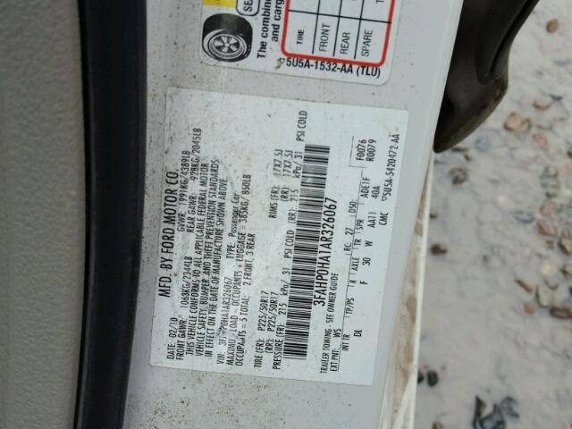 3FAHP0HA1AR326067 - 2010 FORD FUSION SE WHITE photo 10