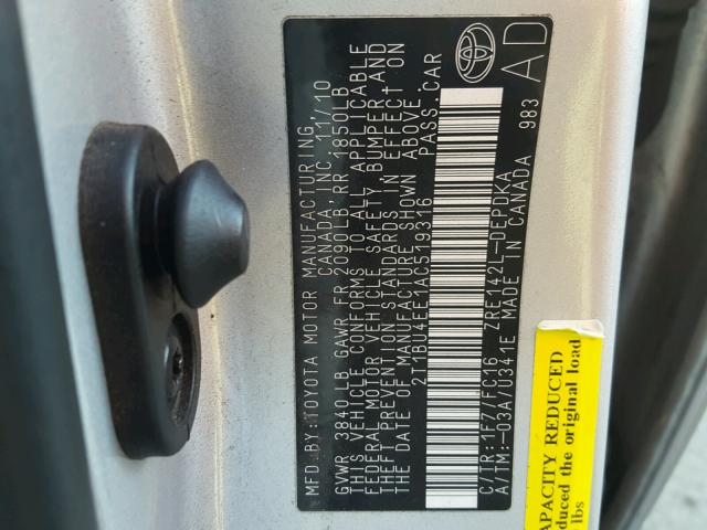 2T1BU4EE1AC519316 - 2010 TOYOTA COROLLA LE 银色 照片 10