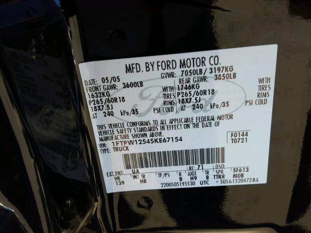 1FTPW12545KE67154 - 2005 FORD F150 SUPER BLACK photo 10