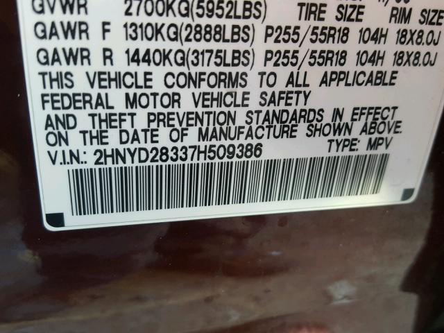 2HNYD28337H509386 - 2007 ACURA MDX TECHNO BURGUNDY photo 10