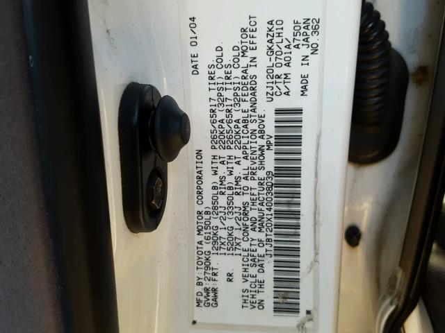 JTJBT20X140038039 - 2004 LEXUS GX 470 WHITE photo 10